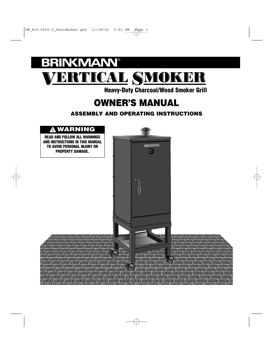 Brinkmann Vertical Smoker Charcoal/Wood Smoker Grill User Manual | 16 pages