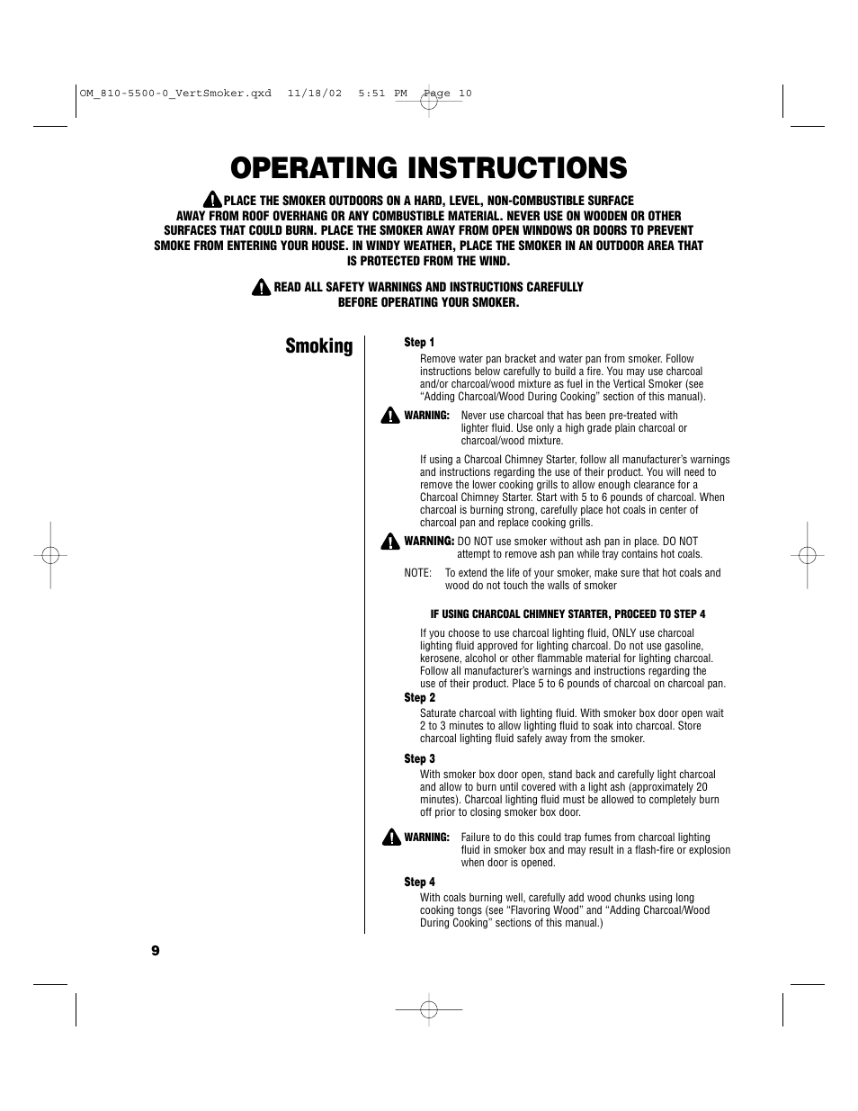 Operating instructions, Smoking | Brinkmann Vertical Smoker Charcoal/Wood Smoker Grill User Manual | Page 10 / 16