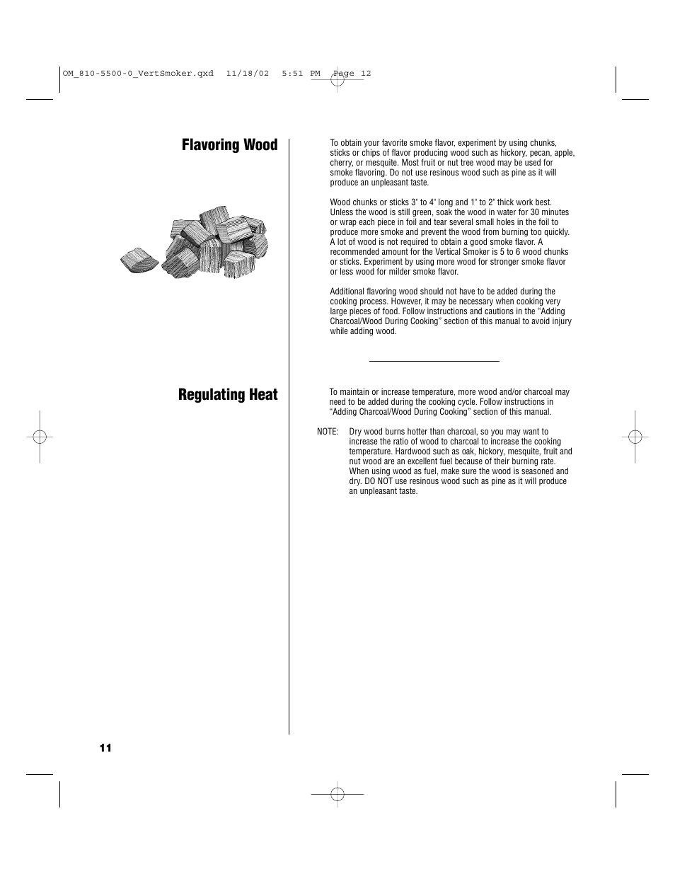 Flavoring wood, Regulating heat | Brinkmann Vertical Smoker Charcoal/Wood Smoker Grill User Manual | Page 12 / 16