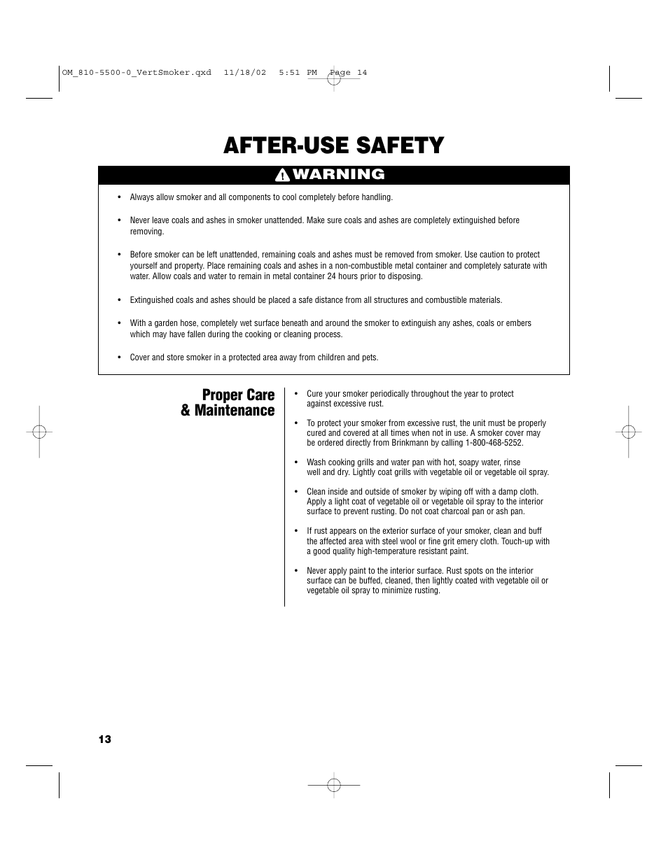 After-use safety, Proper care & maintenance, Warning | Brinkmann Vertical Smoker Charcoal/Wood Smoker Grill User Manual | Page 14 / 16