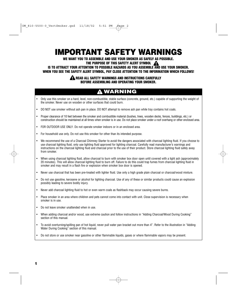 Important safety warnings, Warning | Brinkmann Vertical Smoker Charcoal/Wood Smoker Grill User Manual | Page 2 / 16