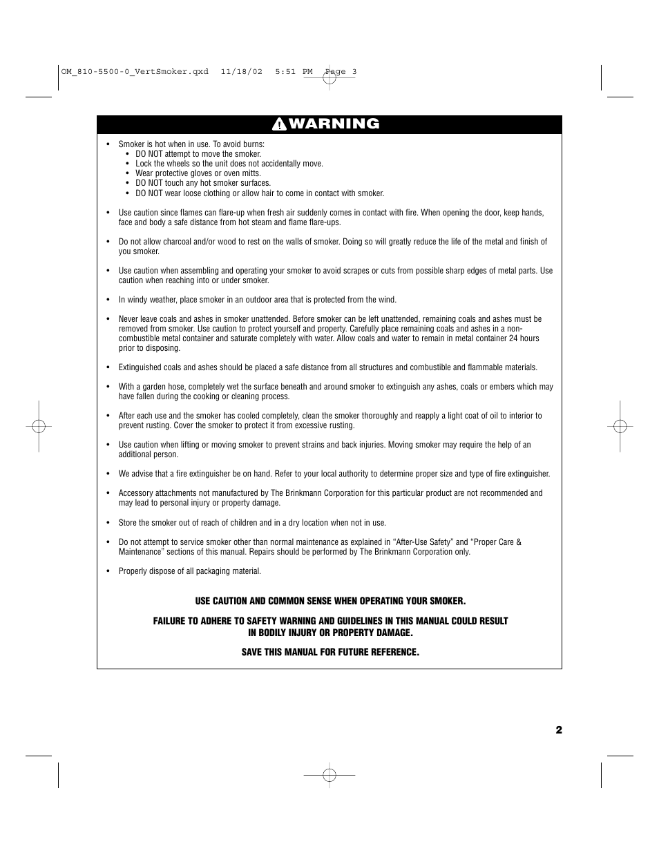 Warning | Brinkmann Vertical Smoker Charcoal/Wood Smoker Grill User Manual | Page 3 / 16