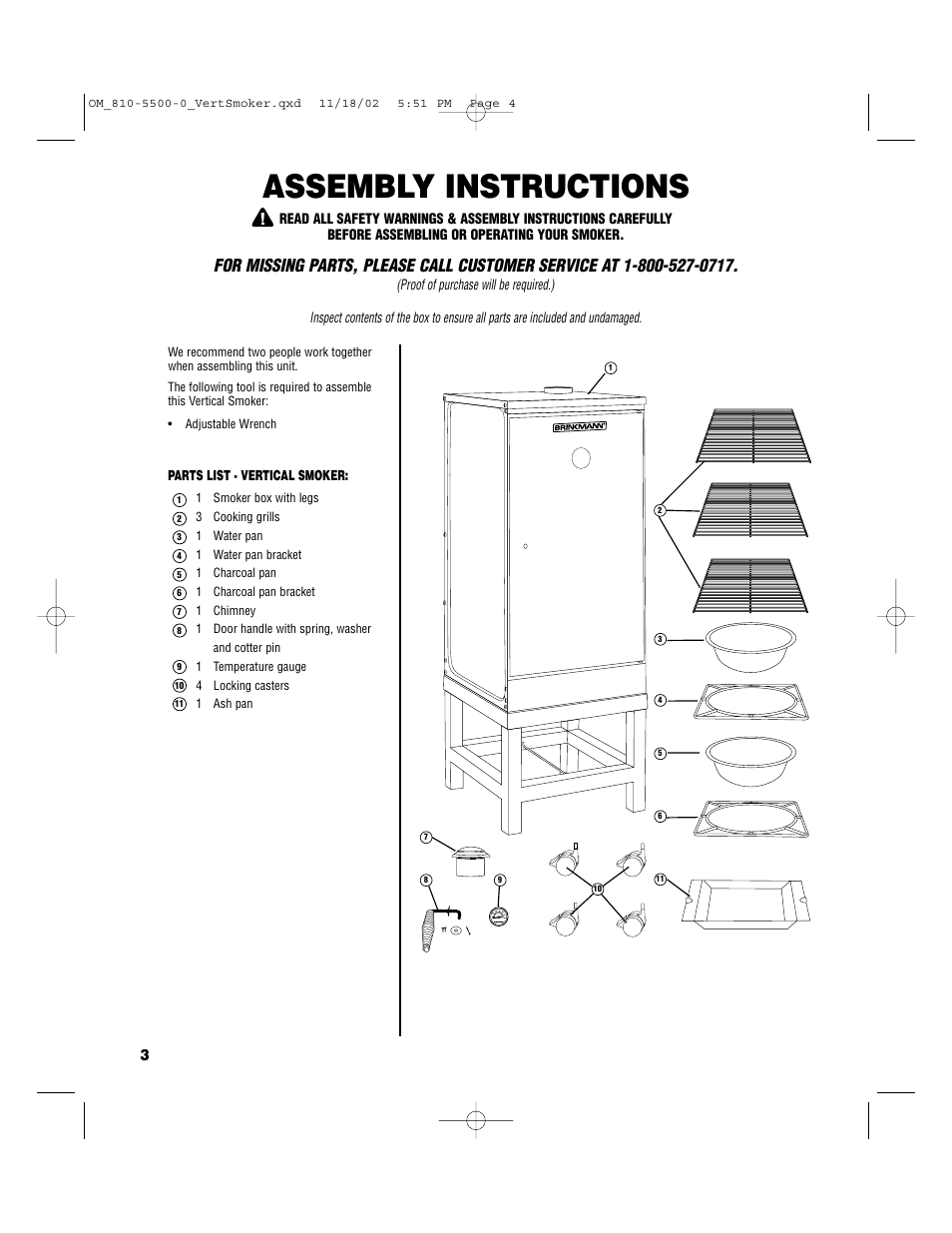 Assembly instructions | Brinkmann Vertical Smoker Charcoal/Wood Smoker Grill User Manual | Page 4 / 16