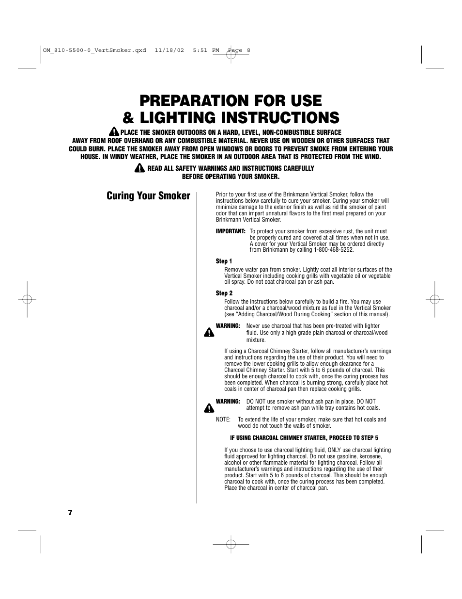 Preparation for use & lighting instructions, Curing your smoker | Brinkmann Vertical Smoker Charcoal/Wood Smoker Grill User Manual | Page 8 / 16