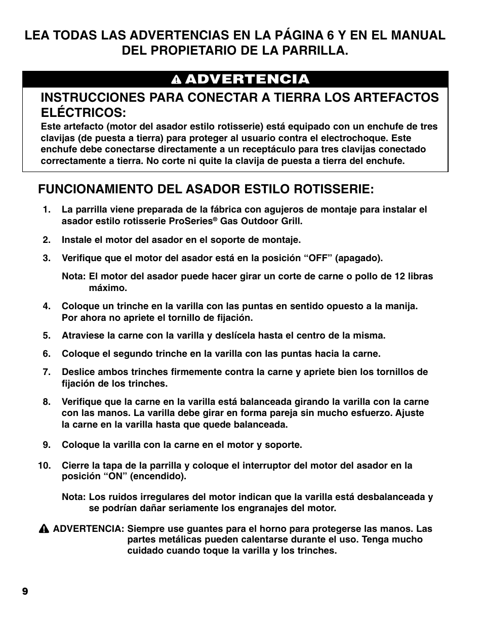 Advertencia, Funcionamiento del asador estilo rotisserie | Brinkmann ProSeries User Manual | Page 10 / 12