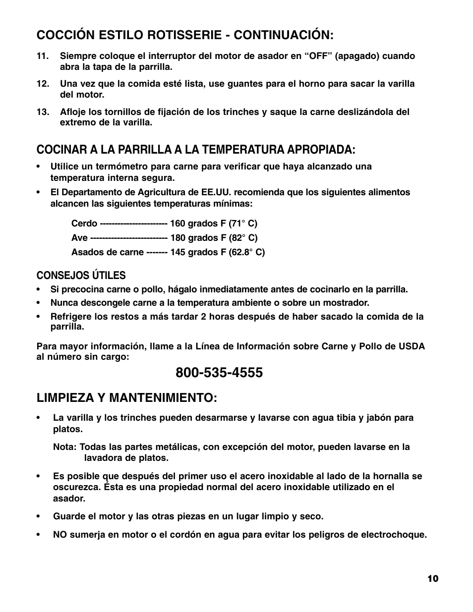 Cocinar a la parrilla a la temperatura apropiada, Limpieza y mantenimiento, Cocción estilo rotisserie - continuación | Brinkmann ProSeries User Manual | Page 11 / 12