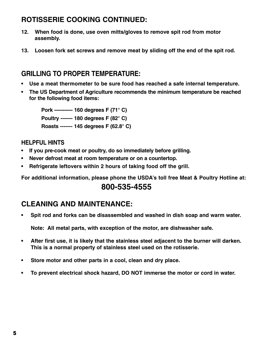 Grilling to proper temperature, Cleaning and maintenance, Rotisserie cooking continued | Brinkmann ProSeries User Manual | Page 6 / 12