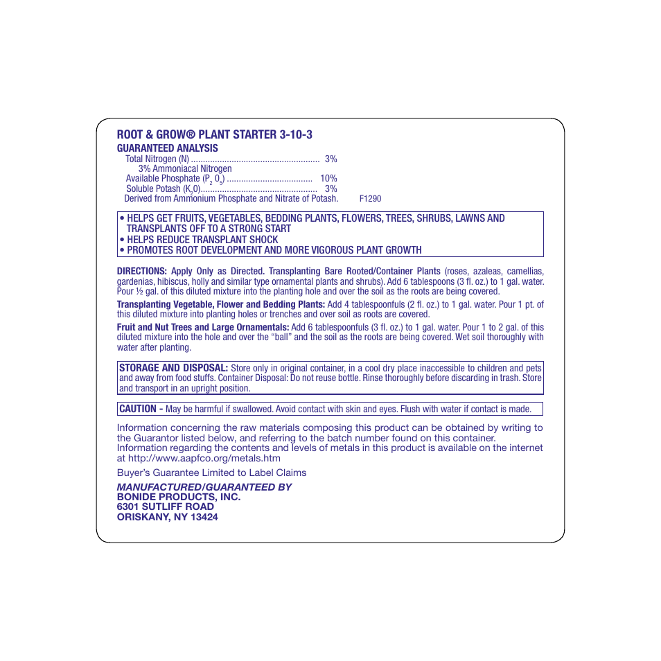 Bonide Root & Grow Plant Starter User Manual | 1 page