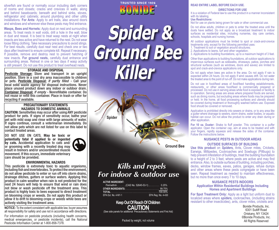 Bonide Spider & Ground Bee Killer User Manual | 1 page
