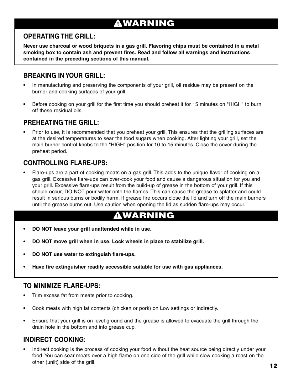 Warning, Operating the grill, Breaking in your grill | Preheating the grill, Controlling flare-ups, Indirect cooking | Brinkmann 7541 Series User Manual | Page 13 / 66