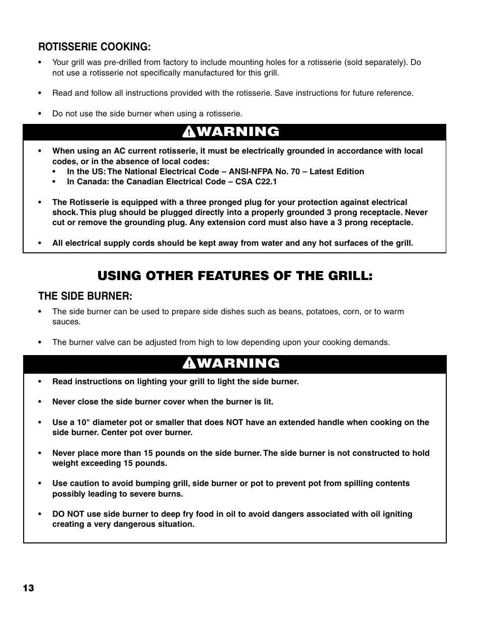 Warning, Using other features of the grill, Rotisserie cooking | The side burner | Brinkmann 7541 Series User Manual | Page 14 / 66