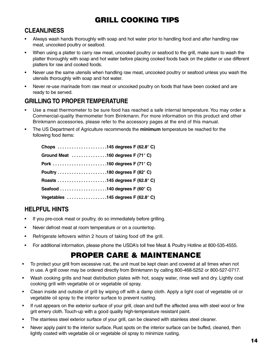 Grill cooking tips, Proper care & maintenance, Cleanliness | Grilling to proper temperature, Helpful hints | Brinkmann 7541 Series User Manual | Page 15 / 66