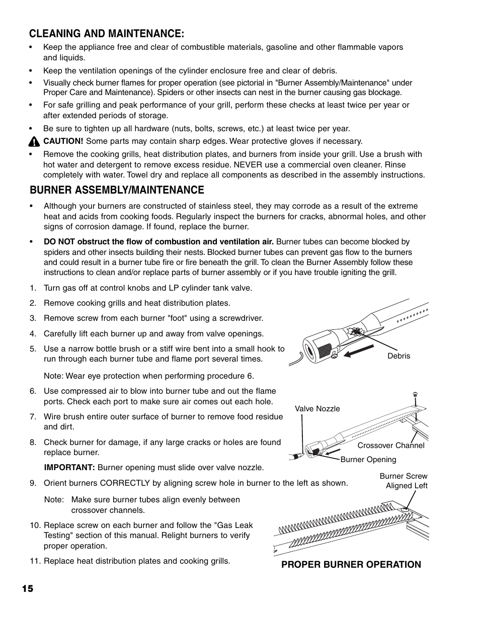 Burner assembly/maintenance, Cleaning and maintenance | Brinkmann 7541 Series User Manual | Page 16 / 66