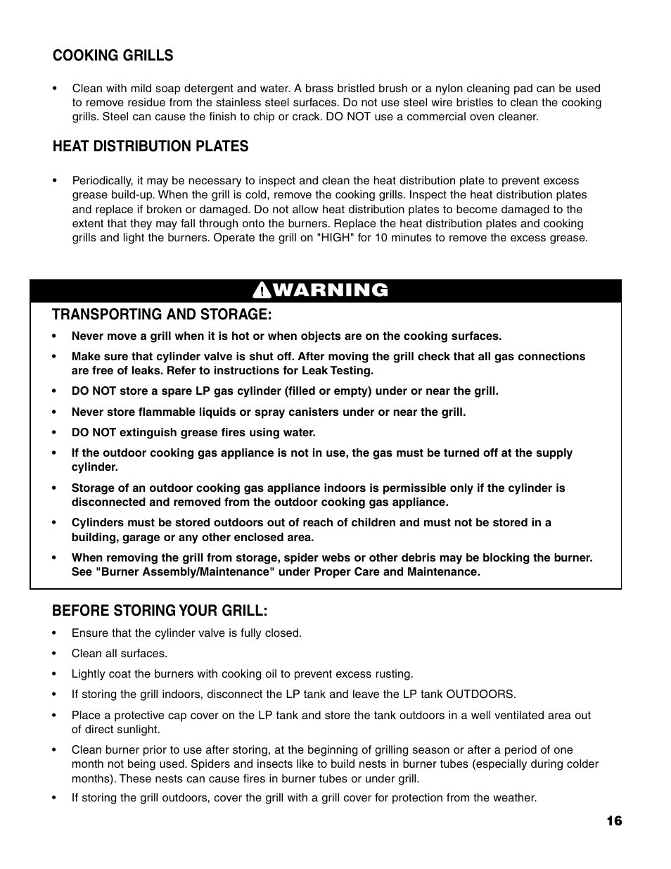 Warning, Transporting and storage, Before storing your grill | Cooking grills, Heat distribution plates | Brinkmann 7541 Series User Manual | Page 17 / 66