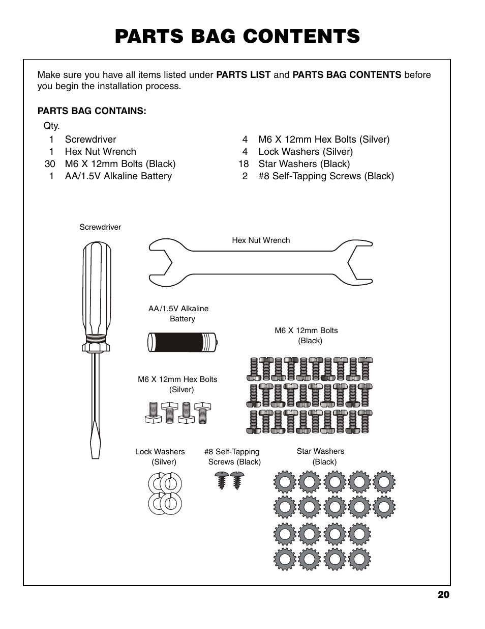 Parts bag contents | Brinkmann 7541 Series User Manual | Page 21 / 66