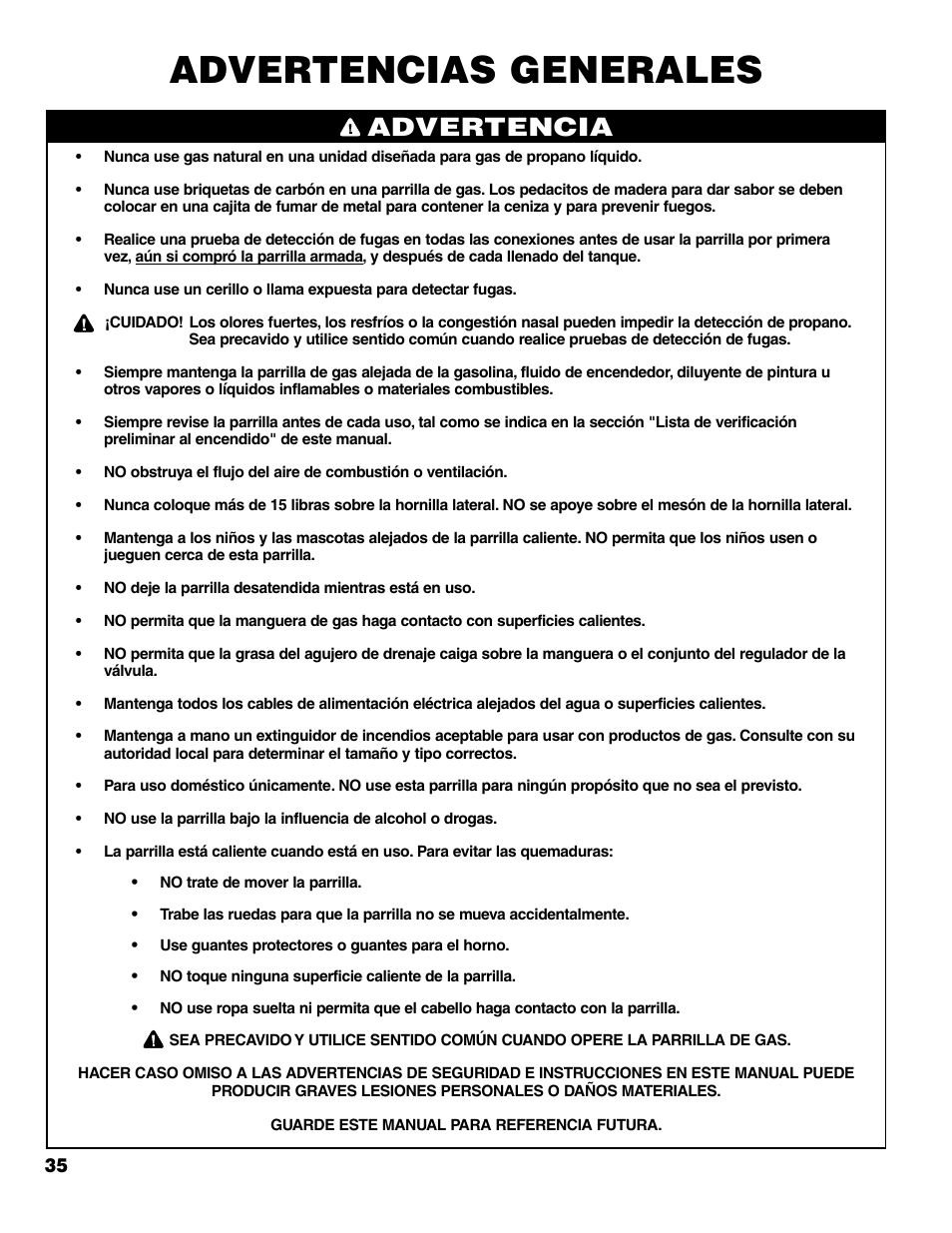 Advertencias generales, Advertencia | Brinkmann 7541 Series User Manual | Page 36 / 66