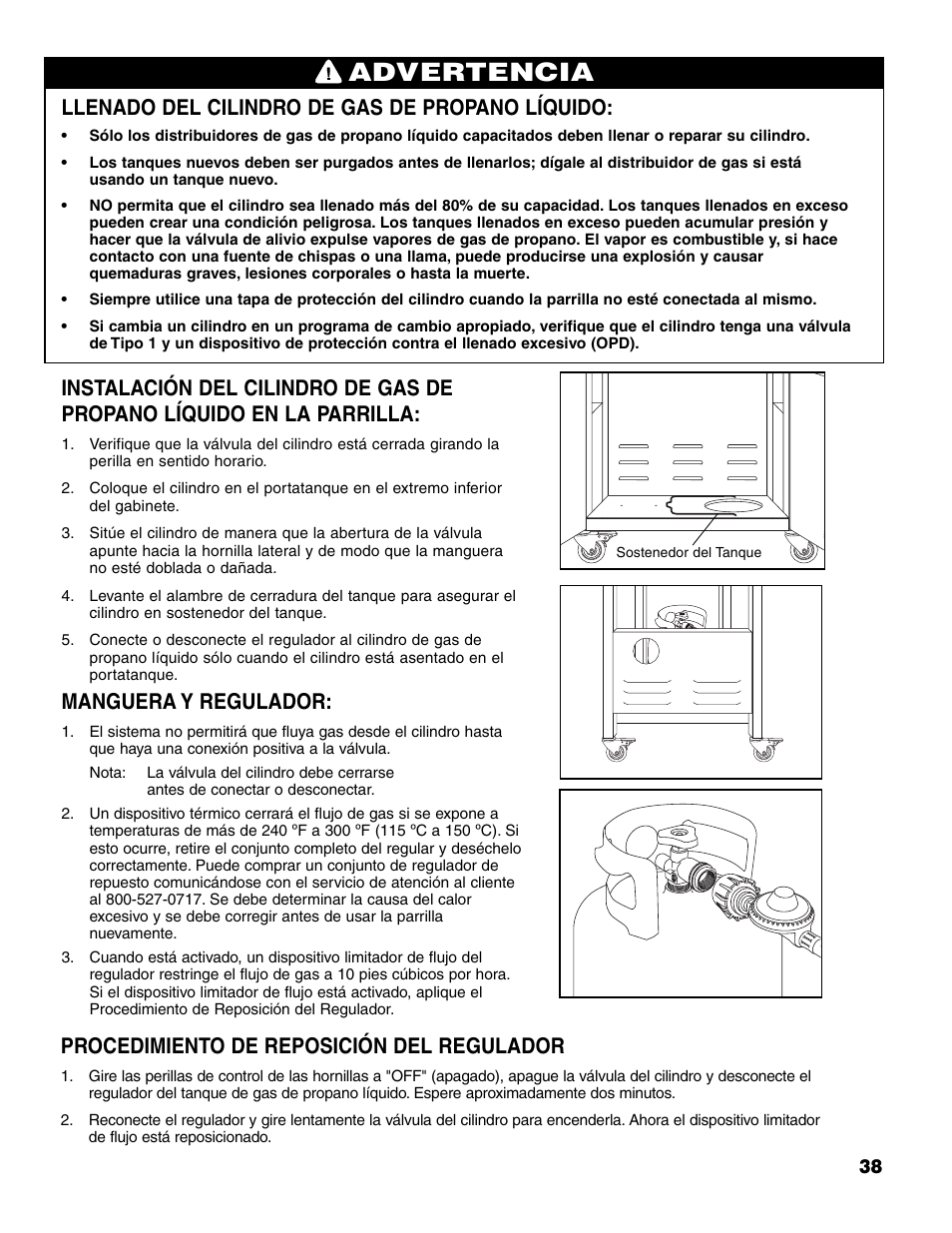 Advertencia, Llenado del cilindro de gas de propano líquido, Manguera y regulador | Procedimiento de reposición del regulador | Brinkmann 7541 Series User Manual | Page 39 / 66