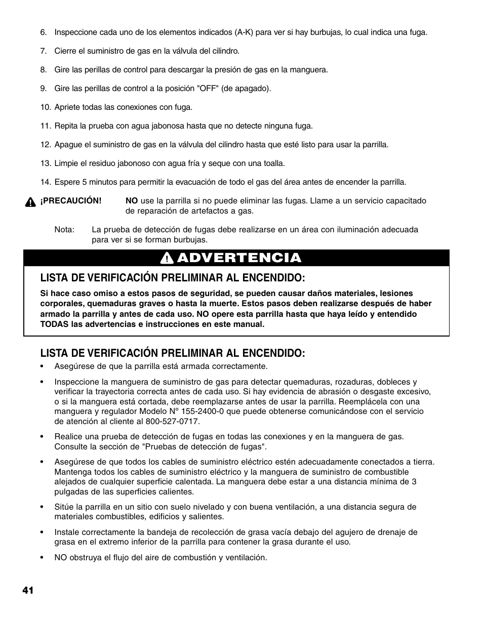 Advertencia, Lista de verificación preliminar al encendido | Brinkmann 7541 Series User Manual | Page 42 / 66