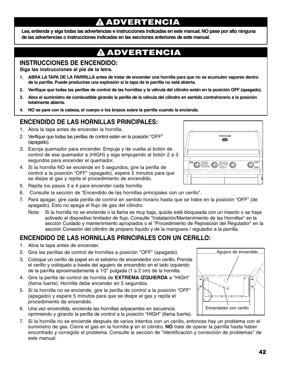 Advertencia, Instrucciones de encendido, Encendido de las hornillas principales | Brinkmann 7541 Series User Manual | Page 43 / 66
