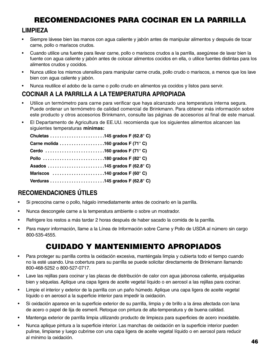 Recomendaciones para cocinar en la parrilla, Cuidado y mantenimiento apropiados, Limpieza | Cocinar a la parrilla a la temperatura apropiada, Recomendaciones útiles | Brinkmann 7541 Series User Manual | Page 47 / 66