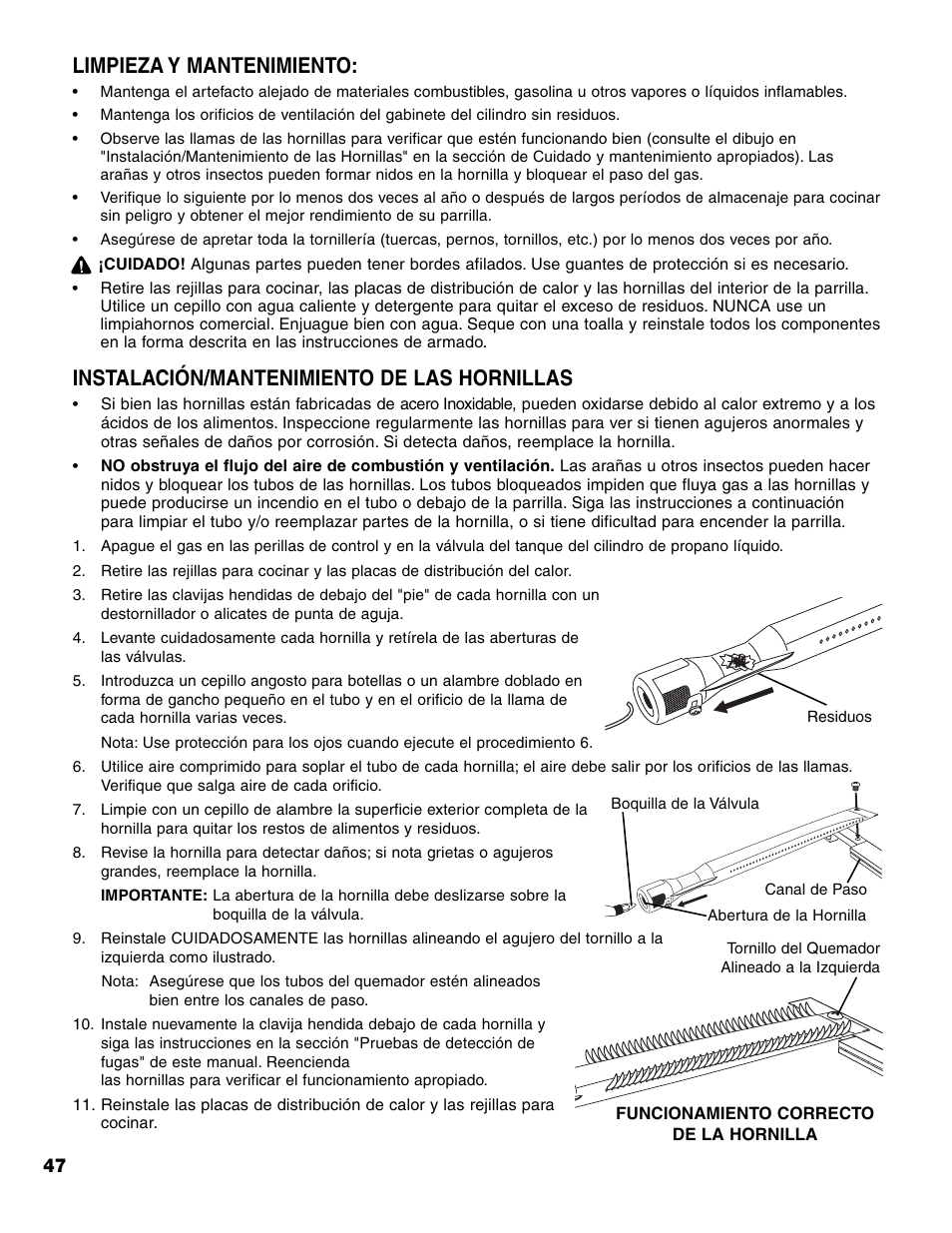 Instalación/mantenimiento de las hornillas, Limpieza y mantenimiento | Brinkmann 7541 Series User Manual | Page 48 / 66