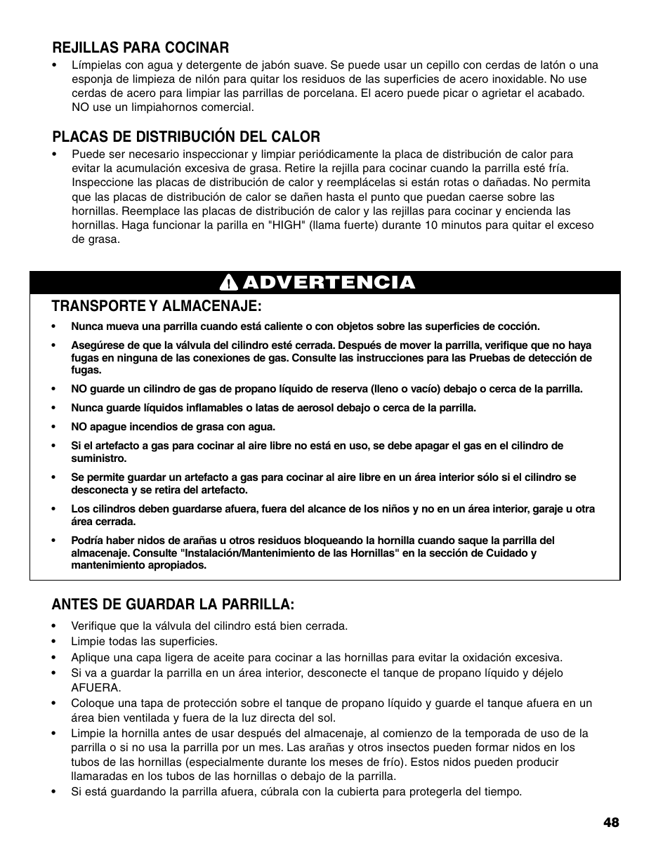 Advertencia, Transporte y almacenaje, Antes de guardar la parrilla | Rejillas para cocinar, Placas de distribución del calor | Brinkmann 7541 Series User Manual | Page 49 / 66