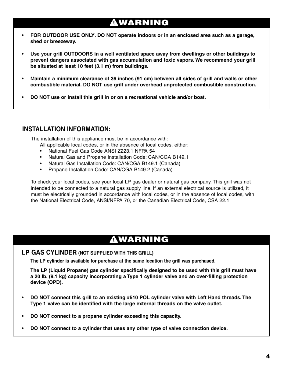 Warning, Lp gas cylinder, Installation information | Brinkmann 7541 Series User Manual | Page 5 / 66
