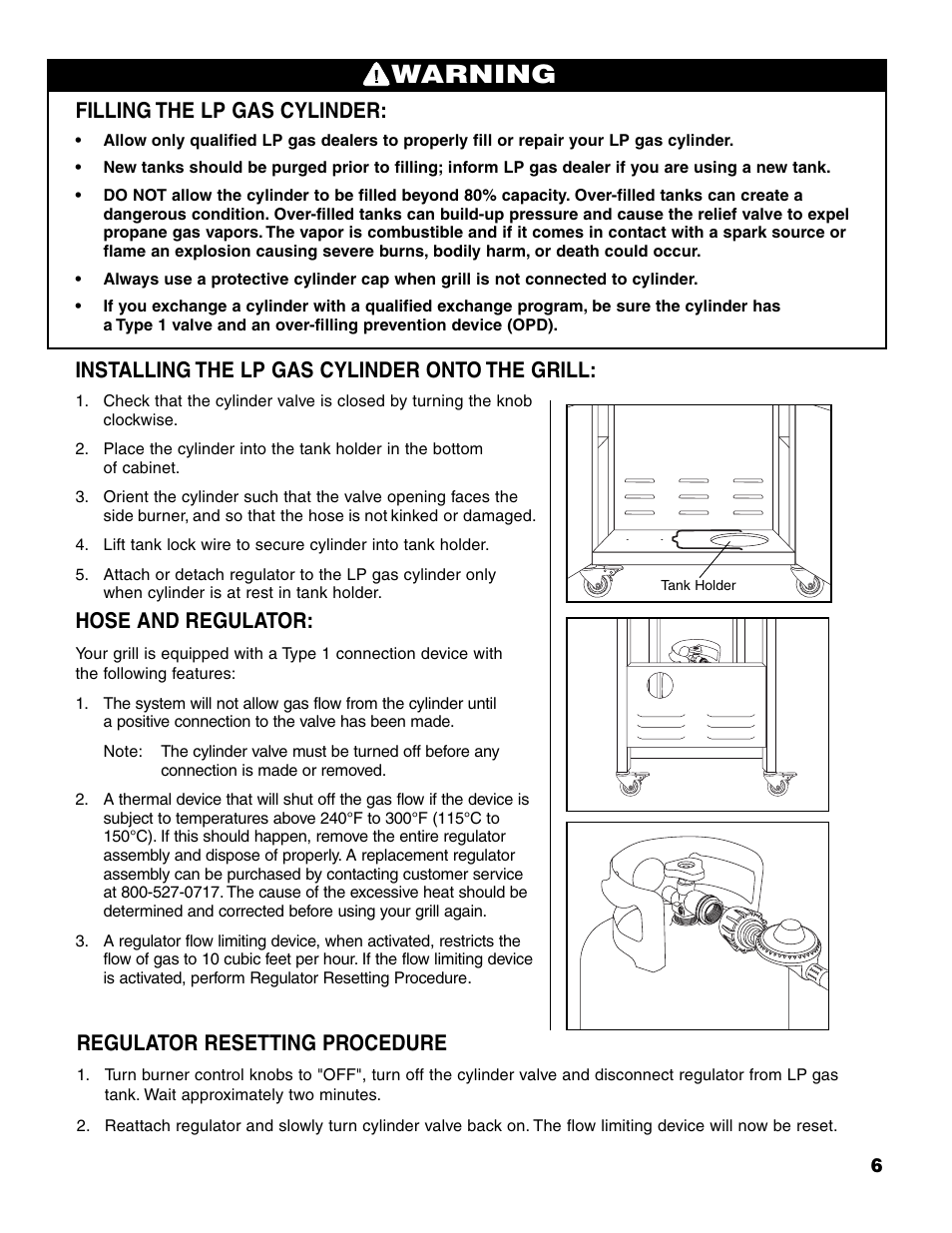 Warning, Filling the lp gas cylinder, Installing the lp gas cylinder onto the grill | Hose and regulator, Regulator resetting procedure | Brinkmann 7541 Series User Manual | Page 7 / 66