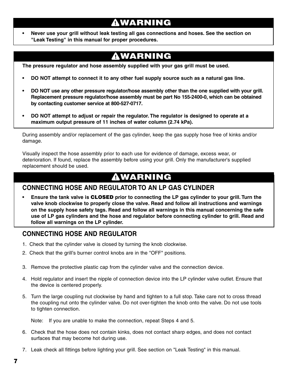 Warning, Connecting hose and regulator | Brinkmann 7541 Series User Manual | Page 8 / 66