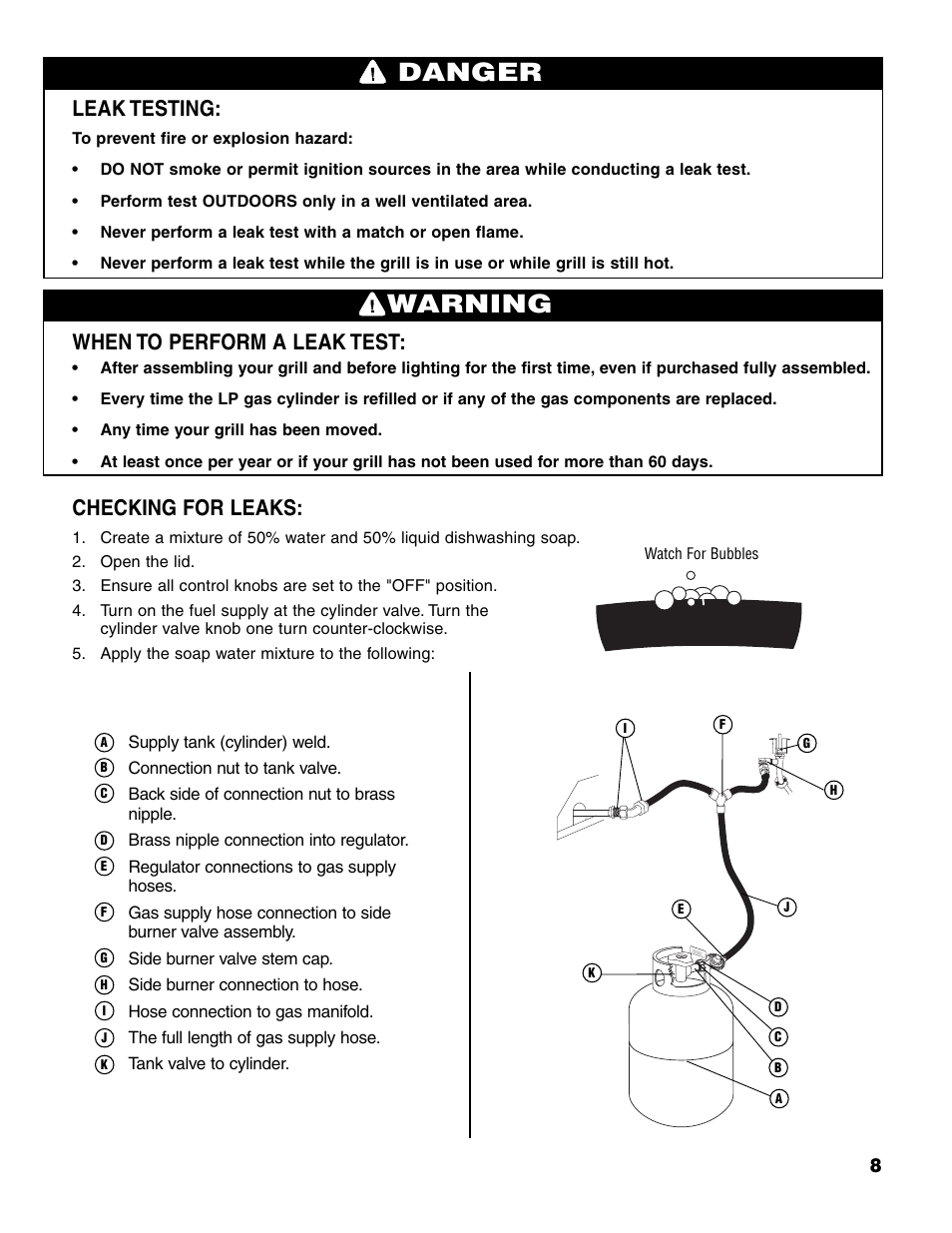 Warning, Danger, Leak testing | When to perform a leak test, Checking for leaks | Brinkmann 7541 Series User Manual | Page 9 / 66