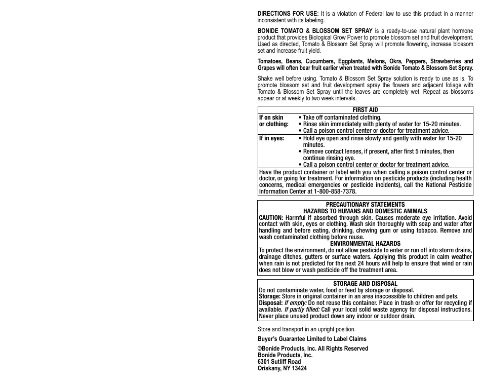 Bonide Tomato & Blossom Set Spray RTU User Manual | 1 page