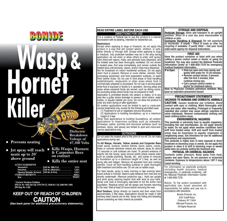 Bonide Wasp & Hornet Killer Aerosol User Manual | 1 page