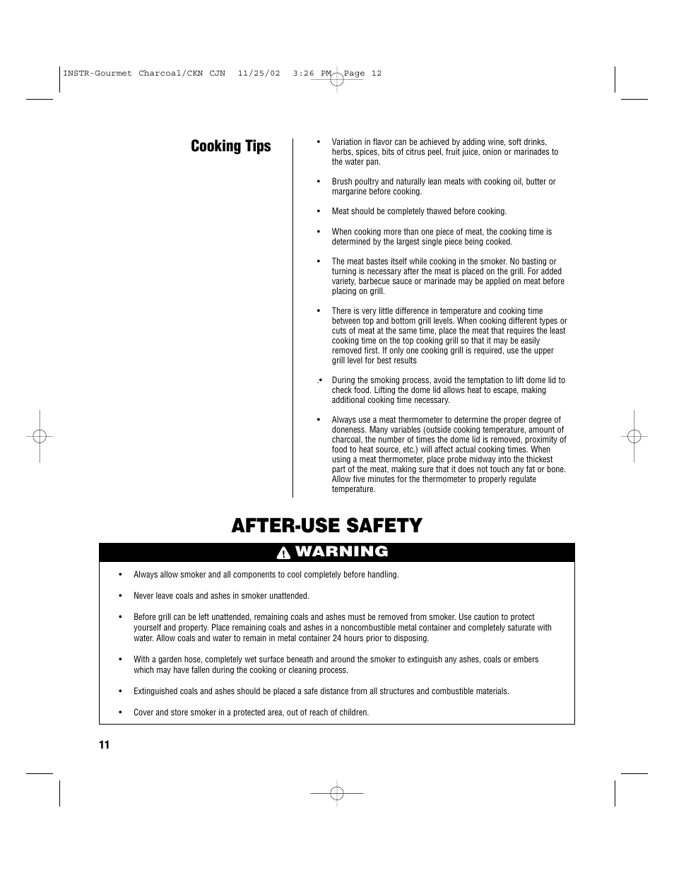 After-use safety, Cooking tips, Warning | Brinkmann S-80 User Manual | Page 12 / 16