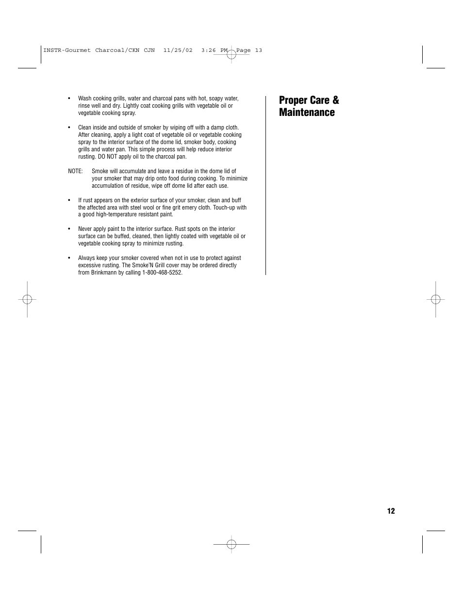Proper care & maintenance | Brinkmann S-80 User Manual | Page 13 / 16