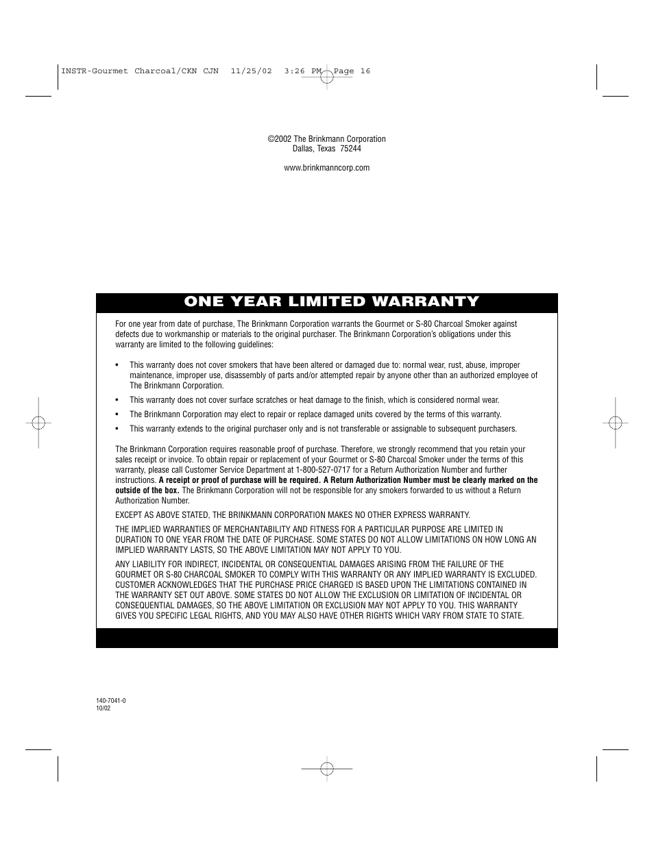 One year limited warranty | Brinkmann S-80 User Manual | Page 16 / 16