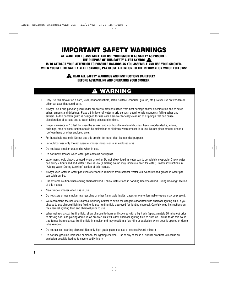 Important safety warnings, Warning | Brinkmann S-80 User Manual | Page 2 / 16