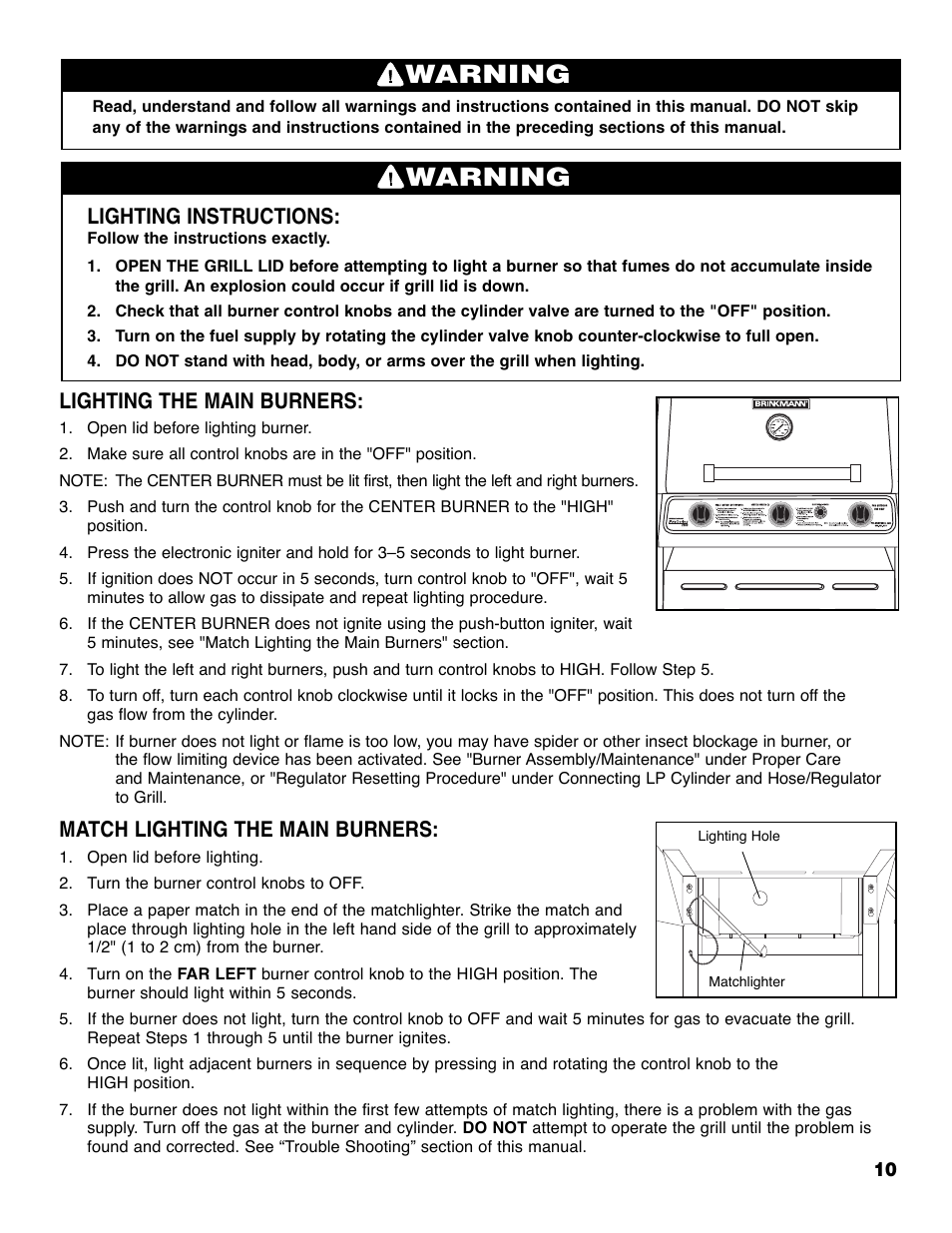 Warning, Lighting instructions, Lighting the main burners | Match lighting the main burners | Brinkmann 2250 User Manual | Page 12 / 36