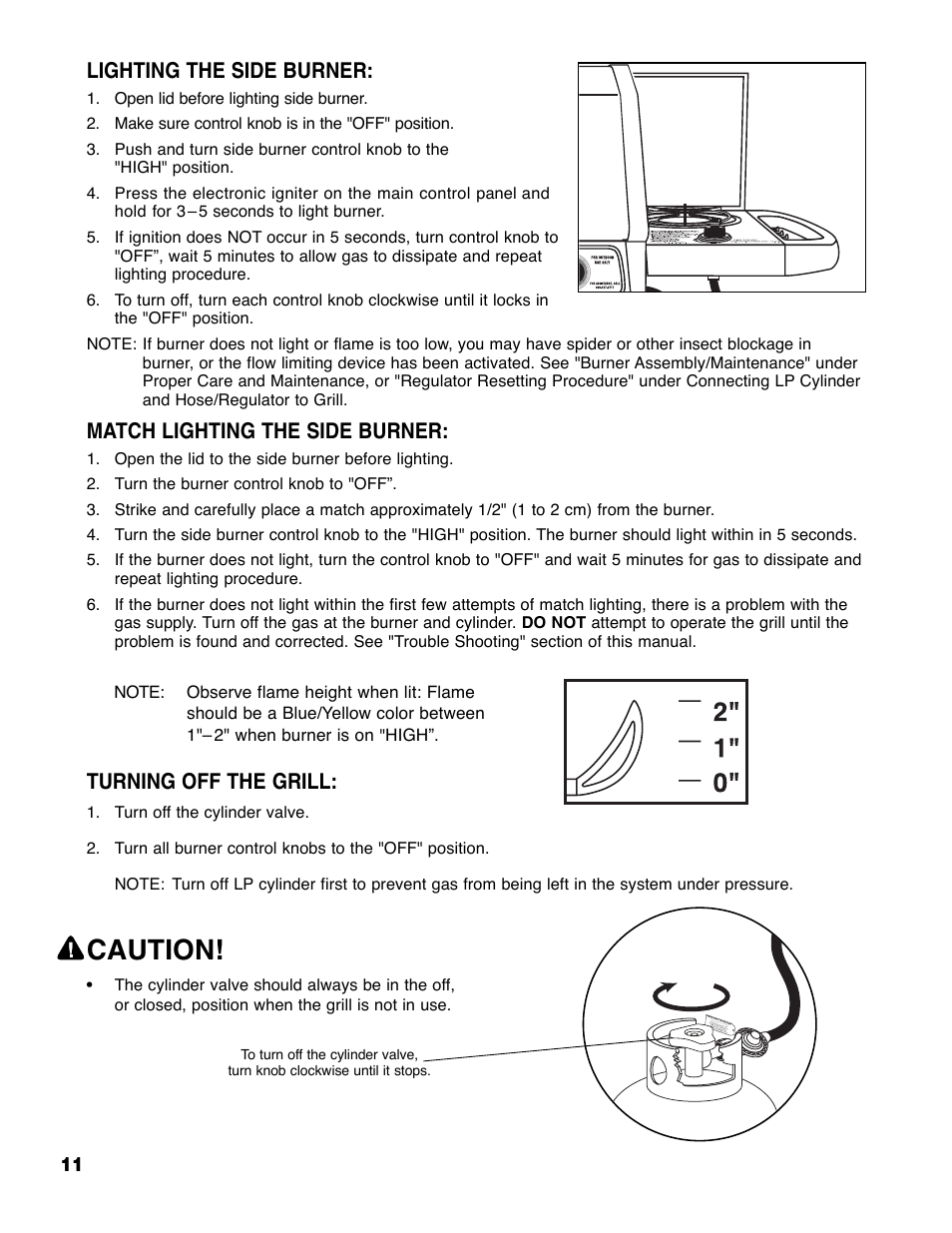 Caution, Lighting the side burner, Match lighting the side burner | Turning off the grill | Brinkmann 2250 User Manual | Page 13 / 36