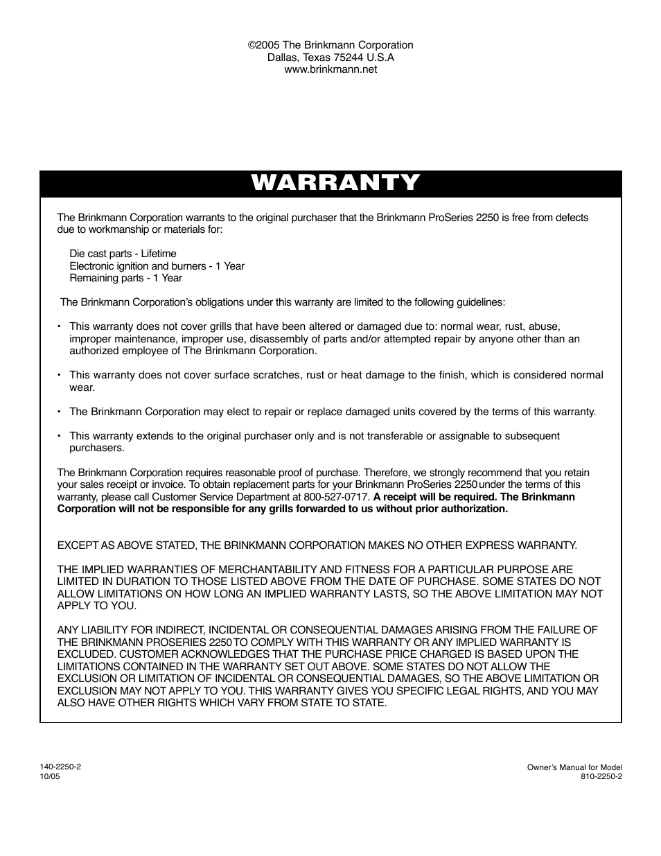 Warranty | Brinkmann 2250 User Manual | Page 36 / 36