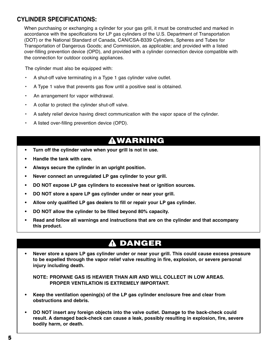 Warning danger, Cylinder specifications | Brinkmann 2250 User Manual | Page 7 / 36
