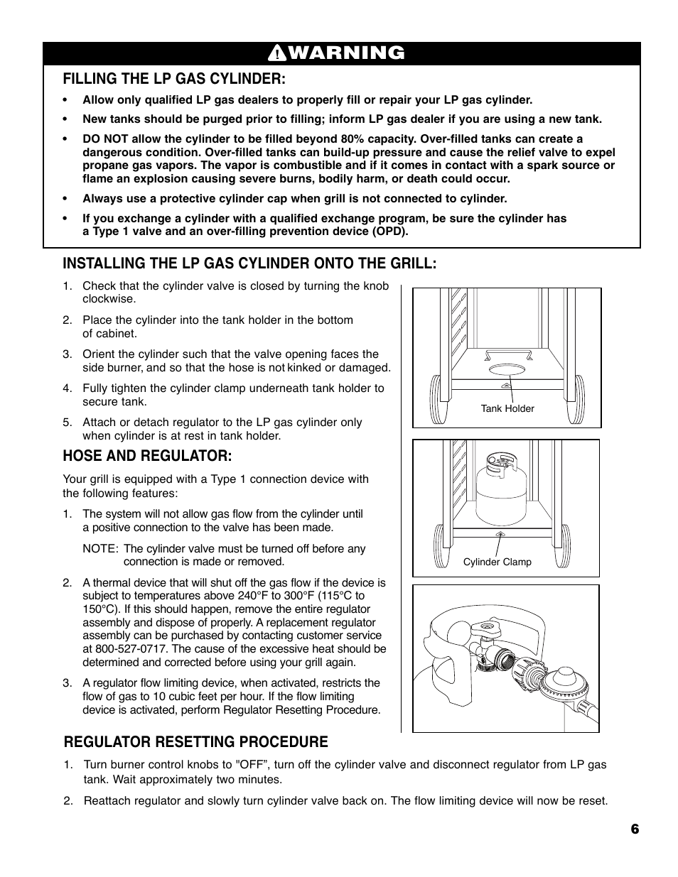 Warning, Filling the lp gas cylinder, Installing the lp gas cylinder onto the grill | Hose and regulator, Regulator resetting procedure | Brinkmann 2250 User Manual | Page 8 / 36