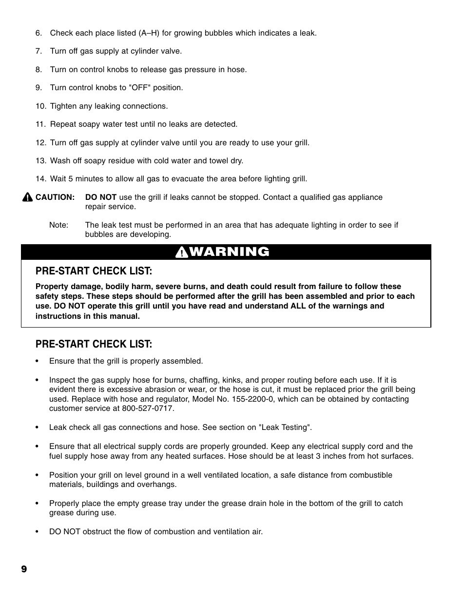 Warning, Pre-start check list | Brinkmann Stainless Steel 4 Burner Gas Grill User Manual | Page 10 / 64