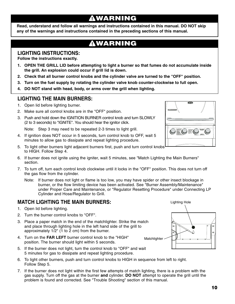 Warning, Lighting instructions, Lighting the main burners | Match lighting the main burners | Brinkmann Stainless Steel 4 Burner Gas Grill User Manual | Page 11 / 64