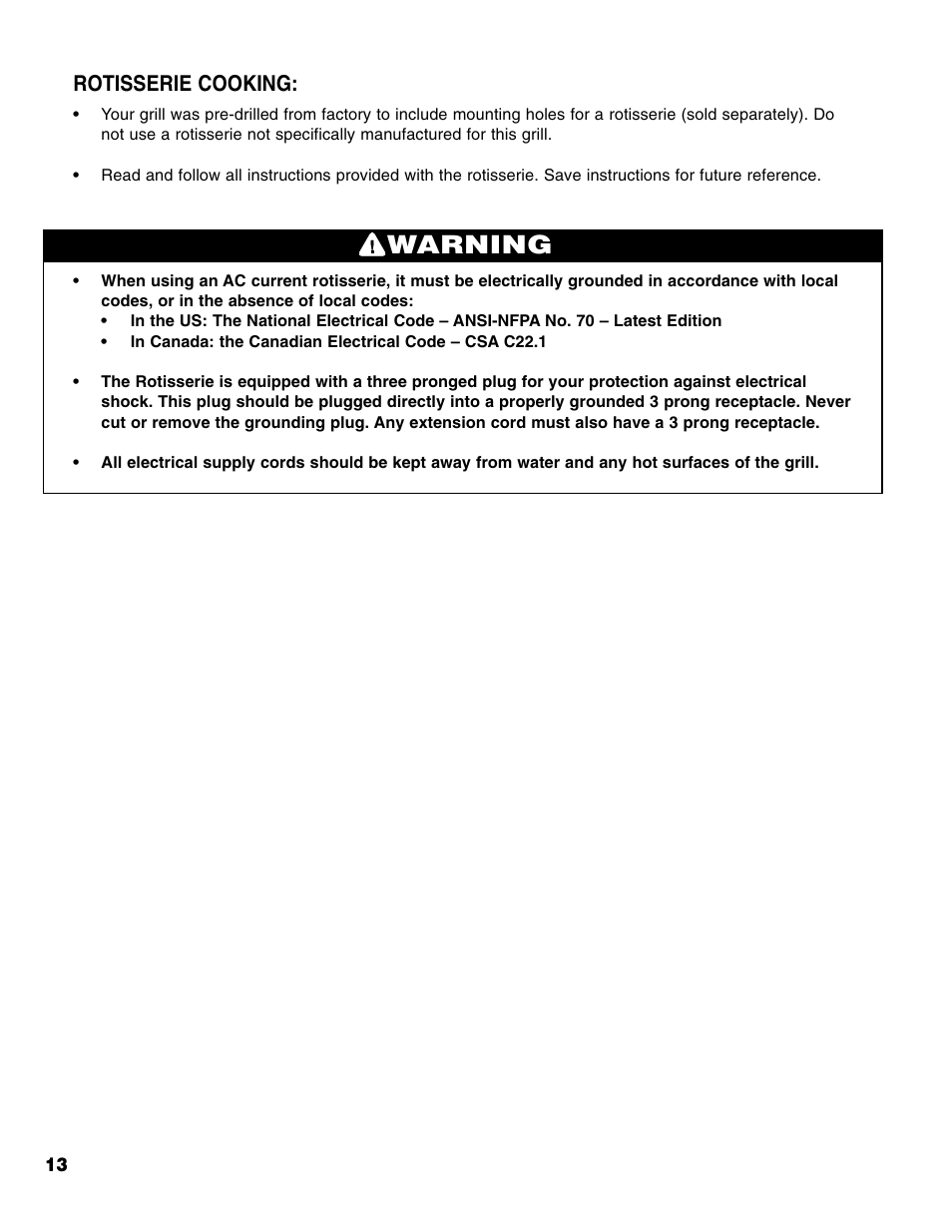 Warning, Rotisserie cooking | Brinkmann Stainless Steel 4 Burner Gas Grill User Manual | Page 14 / 64