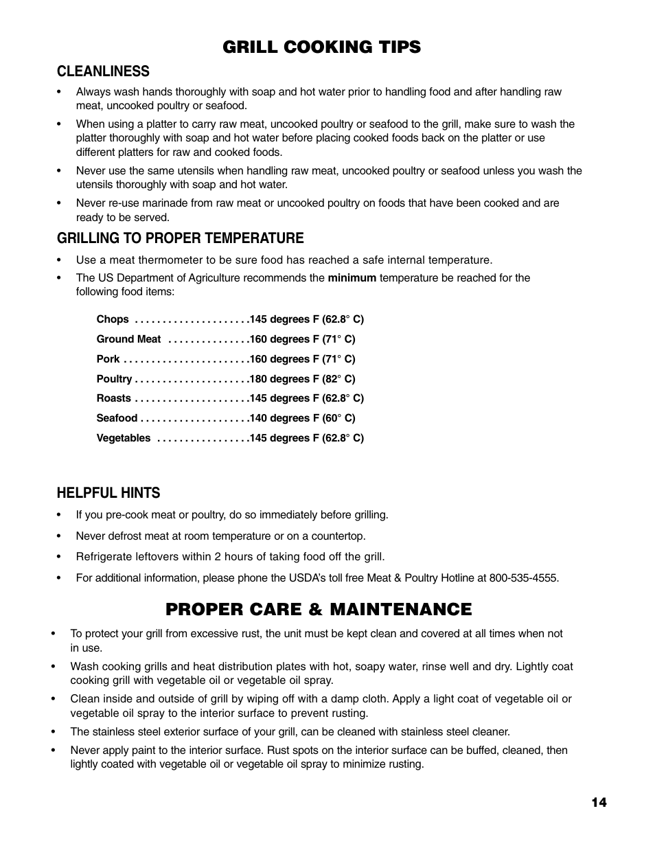 Grill cooking tips, Proper care & maintenance, Cleanliness | Grilling to proper temperature, Helpful hints | Brinkmann Stainless Steel 4 Burner Gas Grill User Manual | Page 15 / 64