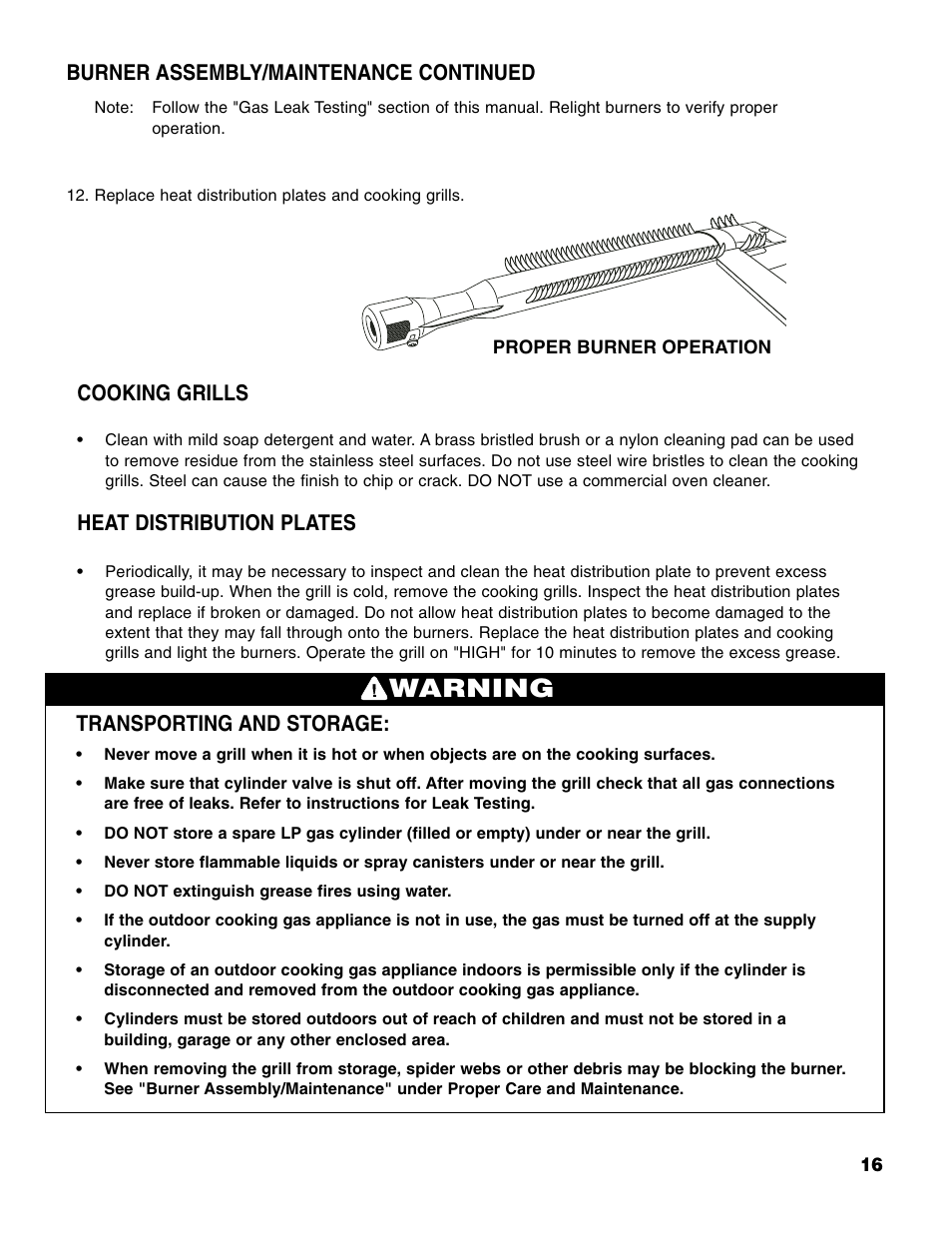 Warning, Transporting and storage, Cooking grills | Heat distribution plates, Burner assembly/maintenance continued | Brinkmann Stainless Steel 4 Burner Gas Grill User Manual | Page 17 / 64