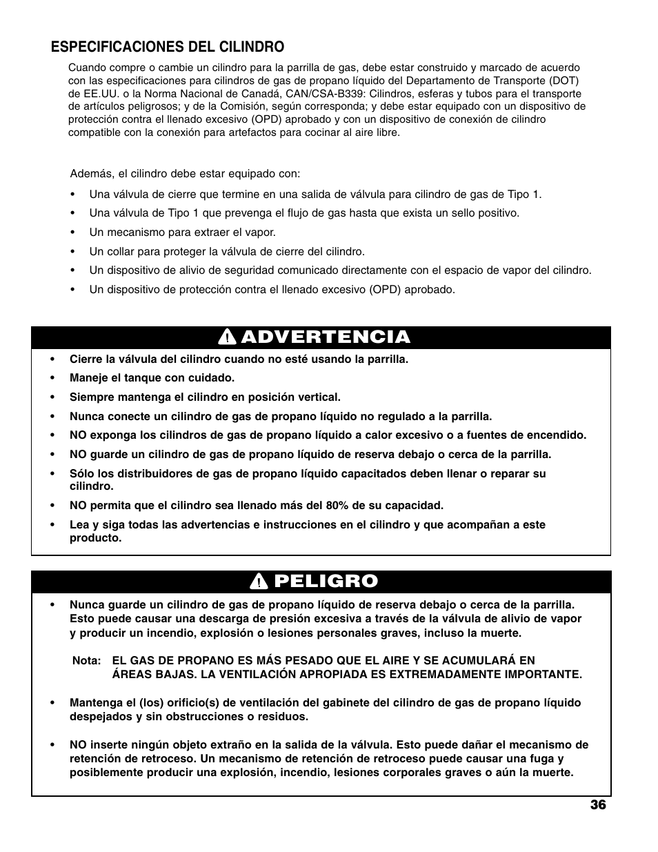 Advertencia peligro, Especificaciones del cilindro | Brinkmann Stainless Steel 4 Burner Gas Grill User Manual | Page 37 / 64