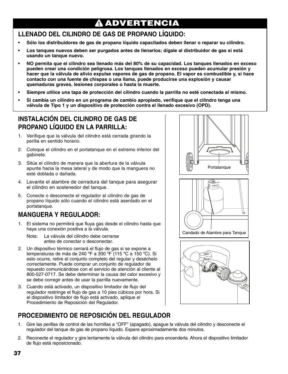 Advertencia, Llenado del cilindro de gas de propano líquido, Manguera y regulador | Procedimiento de reposición del regulador | Brinkmann Stainless Steel 4 Burner Gas Grill User Manual | Page 38 / 64