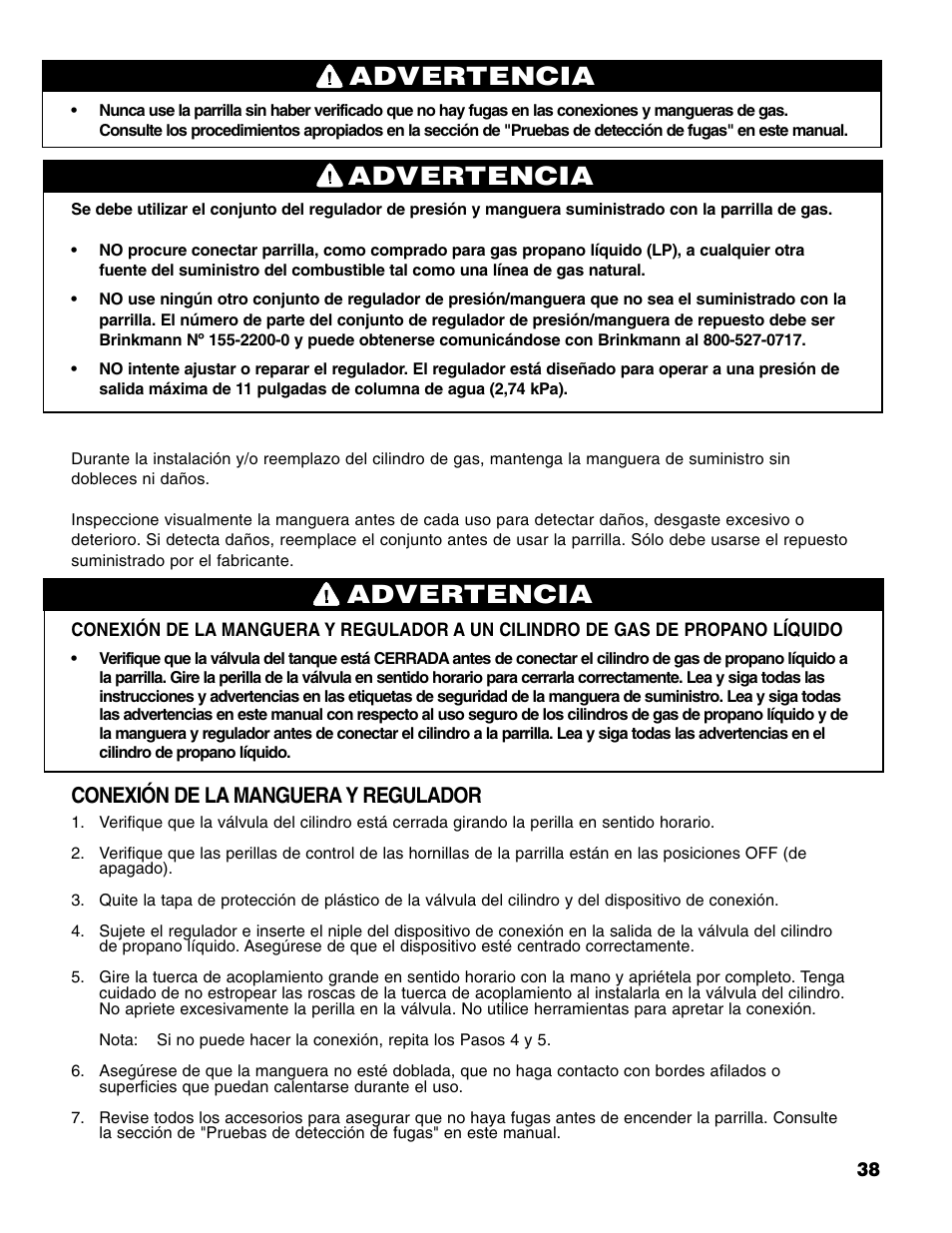 Advertencia, Conexión de la manguera y regulador | Brinkmann Stainless Steel 4 Burner Gas Grill User Manual | Page 39 / 64