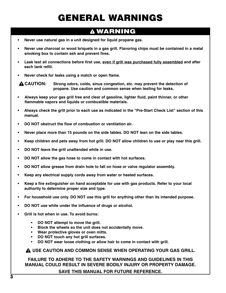 General warnings, Warning | Brinkmann Stainless Steel 4 Burner Gas Grill User Manual | Page 4 / 64